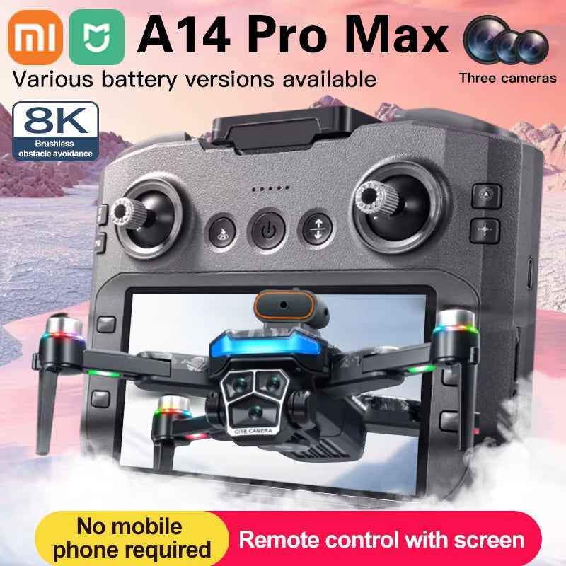 Xiaomi A14 PRO MAX Drone Brushless 8K Three HD Camera Remote Control with Screen Optical Flow Intelligent Foldable Quadcopter
