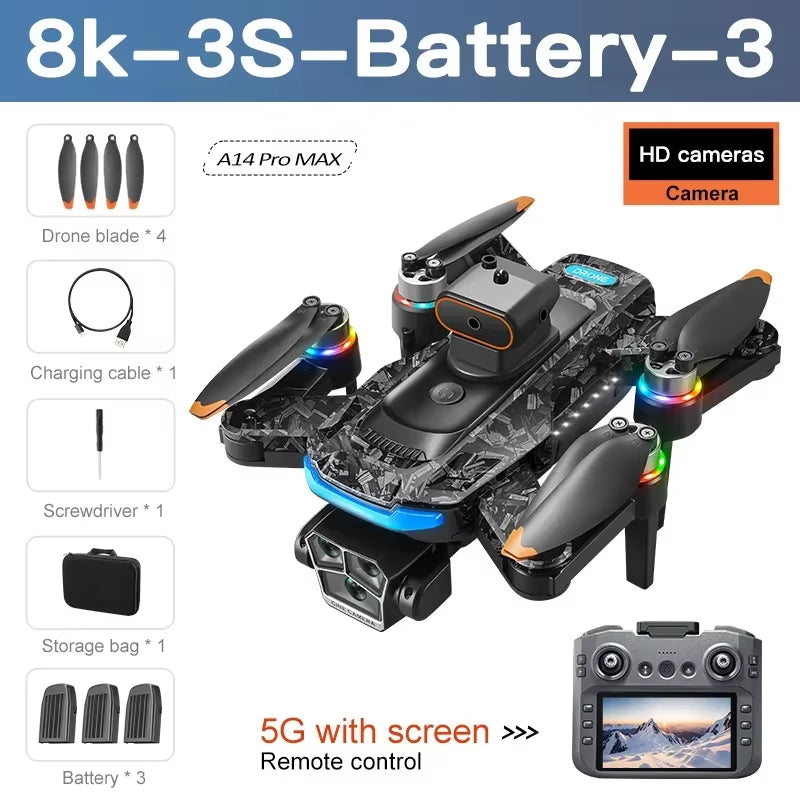 Xiaomi A14 PRO MAX Drone Brushless 8K Three HD Camera Remote Control with Screen Optical Flow Intelligent Foldable Quadcopter