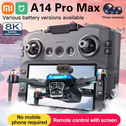 Xiaomi A14 PRO MAX Drone Brushless 8K Three HD Camera Remote Control with Screen Optical Flow Intelligent Foldable Quadcopter
